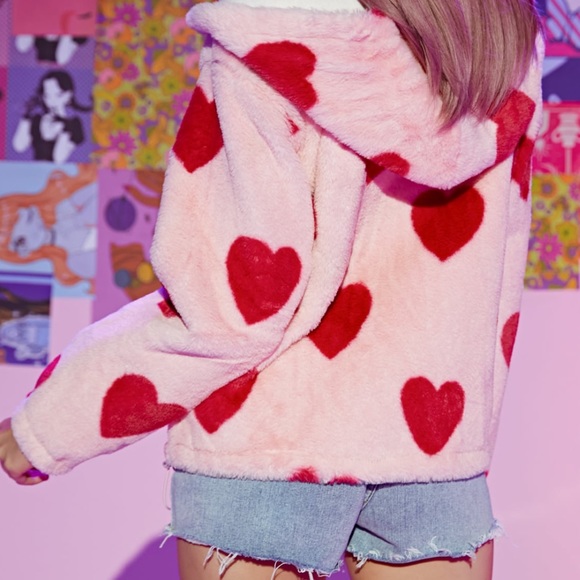 ROMWE Jackets & Blazers - Hooded Heart Zip Teddy Jacket